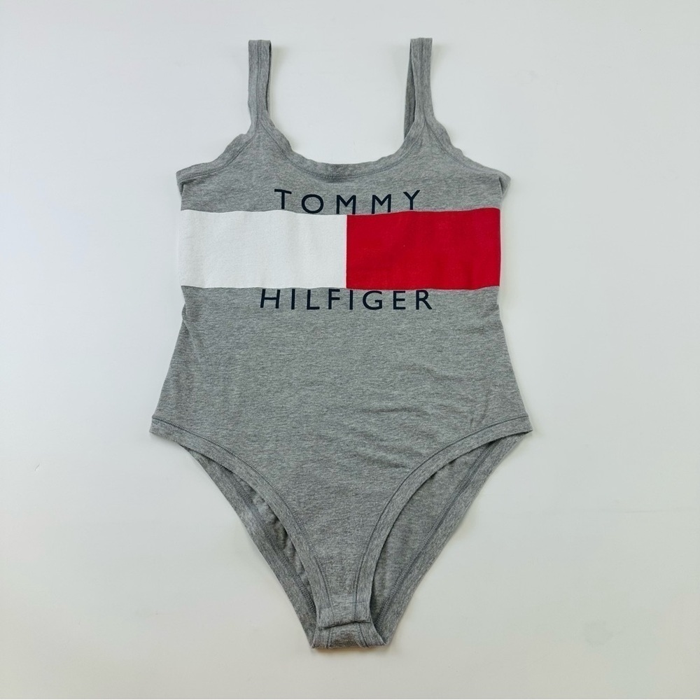 Tommy Hilfiger Y2K Retro bodysuit grey cotton screen print logo Small